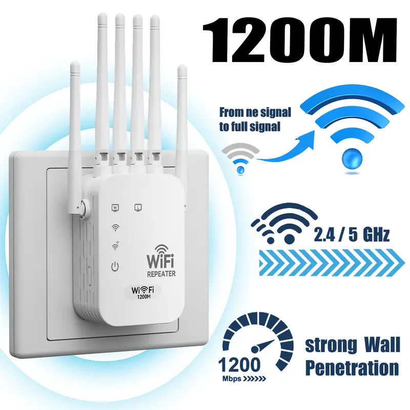 WiFi Extender 2025 6-Antenna Strong Signal, 1200Mbps Dual Band (5GHz/2.4GHz) Booster, Covers 12,000 sq. ft & 100 Devices, Repeater with Gigabit Port & AI Connectivity, Ideal for Home Studios, Remote Workspaces, VR Areas