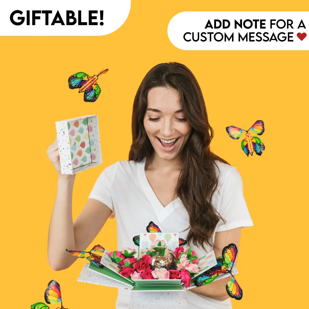 Surprise Cake Explosion Box Gift with Flying Butterfly Surprise By Send A Cake - Perfect to celebrate birthdays, anniversaries, & more! - Filled with cake, faux flowers & flying butterflies all ready to gift in a beautiful gift box!