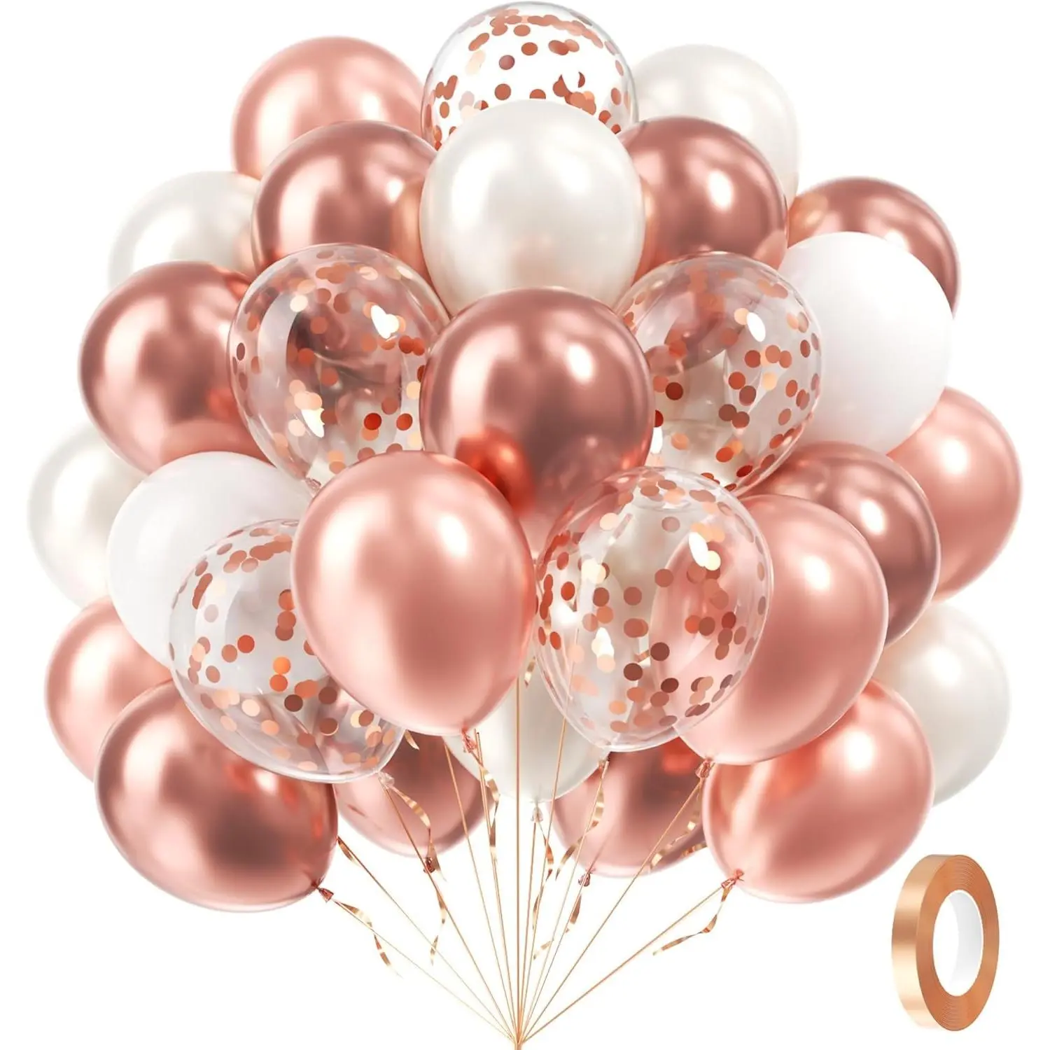 60pcs Rose Gold Balloons 12inch with Pearl White Rose Gold Confetti Balloons for Engagement Bridal Shower Wedding Birthday Party Decorations