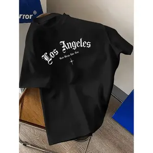 Los Angeles Graphic T-Shirt For Men Stretchy Polyester Blend Round Neck Short Sleeve With Geometric Print Perfect For Summer Casual Wear