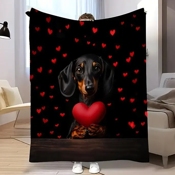 Retro Valentine Cute Dachshund Heart-Themed Printed Fleece Blanket - Soft, Warm, Durable, Breathable, All Seasons Use - Machine Washable Multifunctional Gift for Sofa, Bed, Multi-Season Use, Vintage