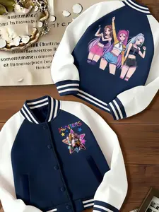 Girls Cute Cool Short Baseball Jacket, Black & White with Pink Star 67 & “six seven” Letter Print, Spring Autumn Outerwear, Comfortable Fashion Top for 4-14 Years Old