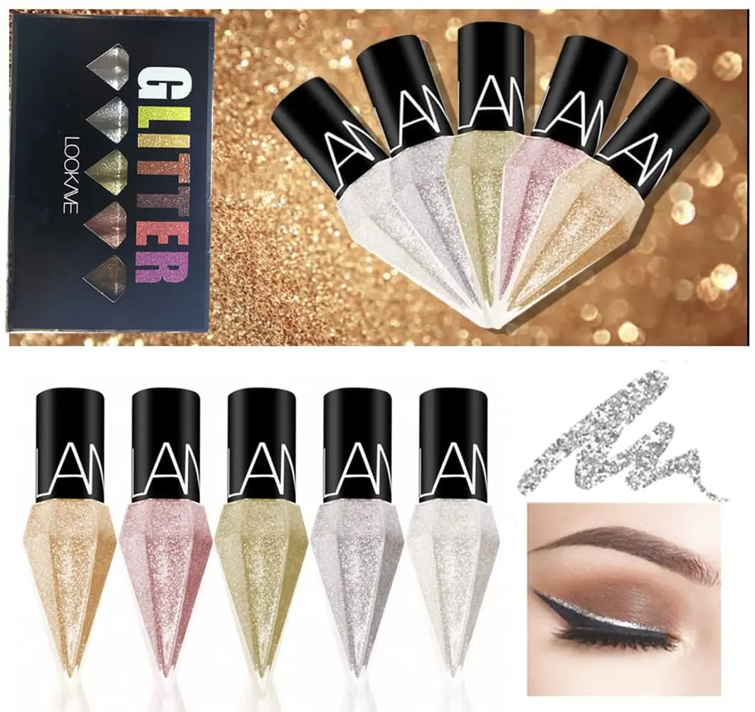 5 pcs Glitter Liquid Eyeliner Colorful Set,5 Colors Metallic Shimmer White Silver Gold Diamond Eye Liner, Glitter Eyeliner Korean Makeup, Waterproof Long Lasting Glow Eyeliner Sparkle Eyeshadow Makeup