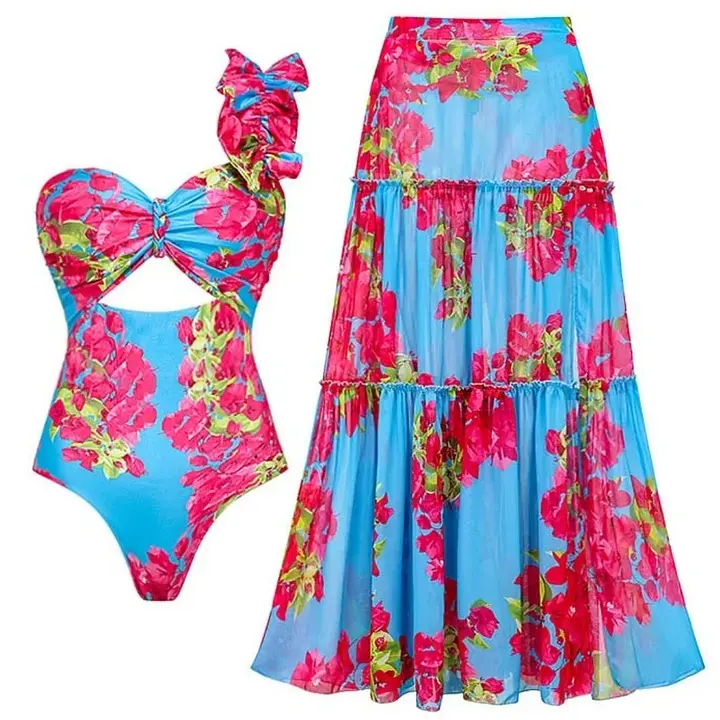 FLAXMAKER Women's One Shoulder Ruffle Removable Strap Flower Print One Piece Swimsuit and Skirt Swimdress Beachwear Sexy Tummy Control Summer Bathing Suit Stylish Beachwear #Summervibes #TikTokShopMothersDay #SwimWeek tiktokshopbacktoschool