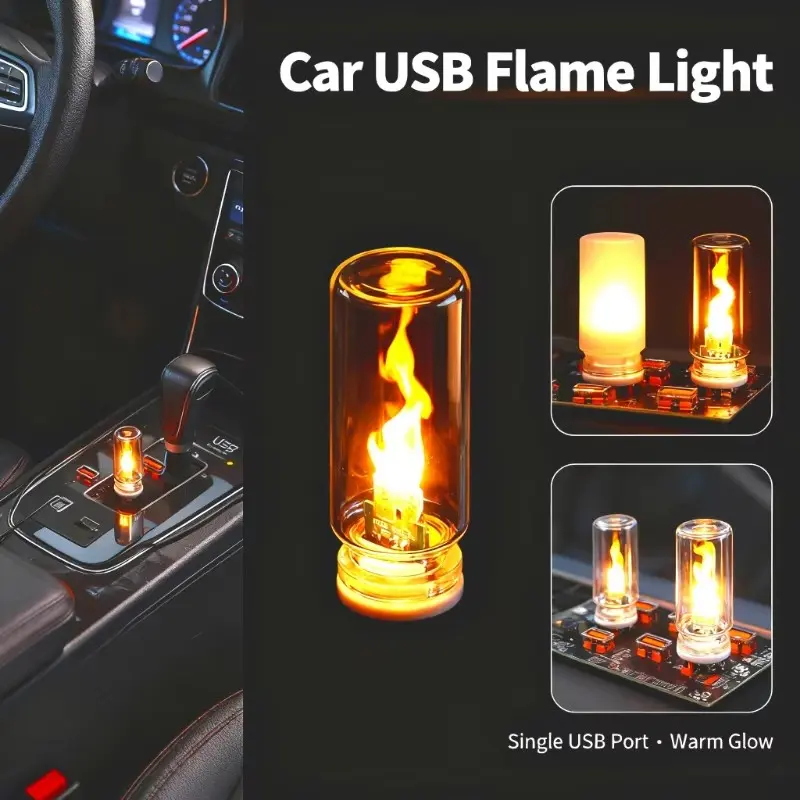 Car USB Flame Night Light, LED Frosted Glass Lamp, Dynamic Flickering Flame Atmosphere Light, Touch Control Ambiance Lighting, Car Ambient Light, Interior Car Lights, Car Decorative Light