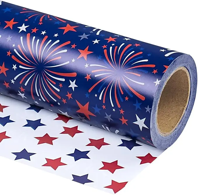 WRAPAHOLIC Fireworks & Stars Wrapping Paper Roll, Reversible Patriotic Gift Wrap 17" x 16.5 Ft, Red White Blue Stars & Fireworks Design for Independence Day, Memorial Day & Birthday