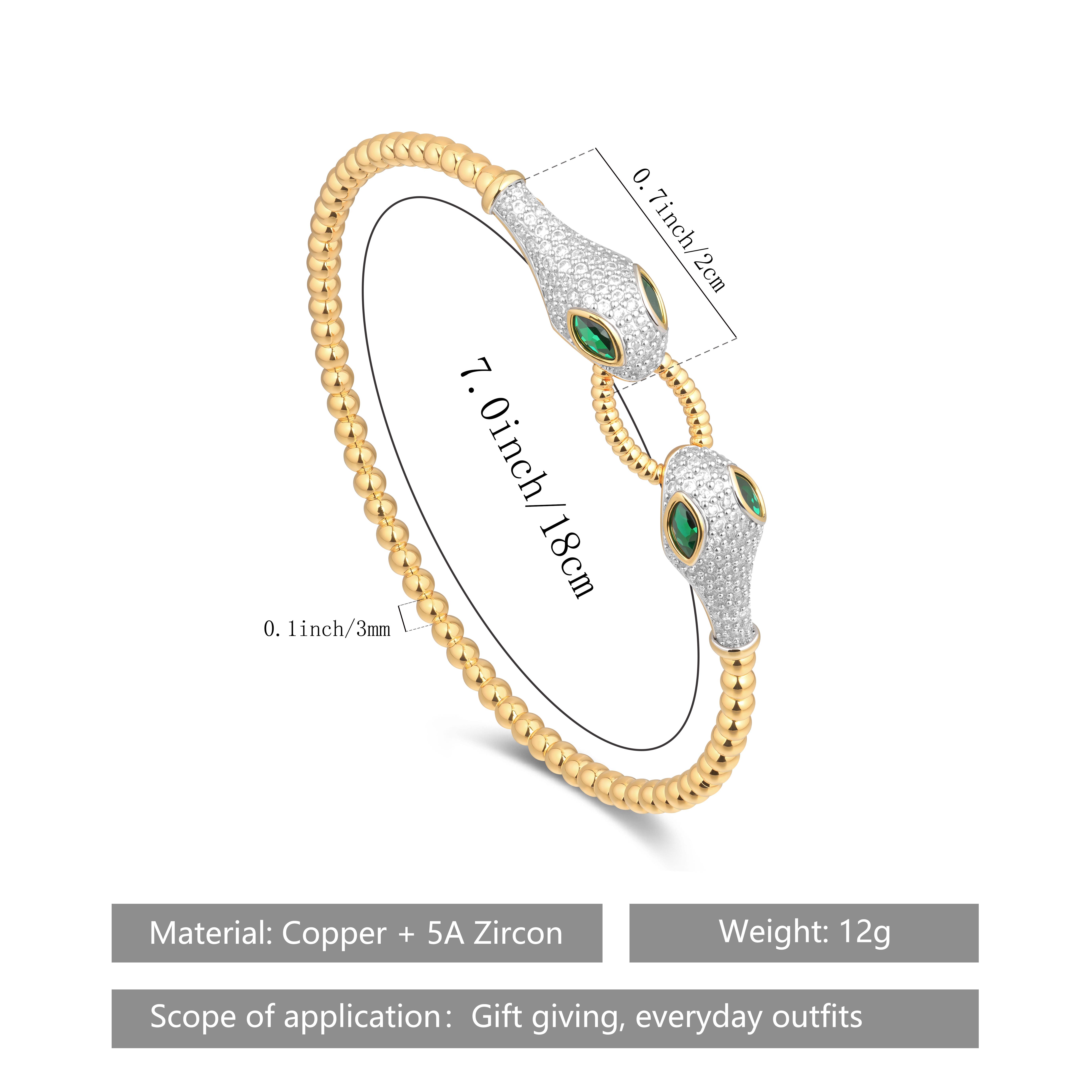 Aprilery Adjustable Snake Design Beaded Bracelet with Green Zircon and Two-Tone Gold and Silver Finish