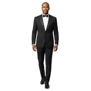 Slim Fit 2 Button Notch Diamond Lapel Rhinestone Black Mens Tuxedo