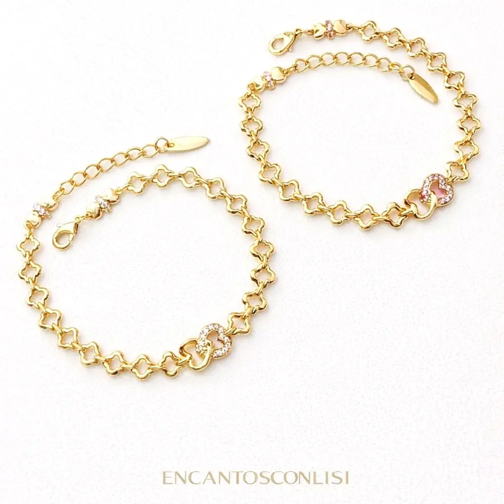 Pulseras con dos corazones pequeños de circonias Clear y Pink 6.5-8 Inches . Brazalete con estilo unico y elegante