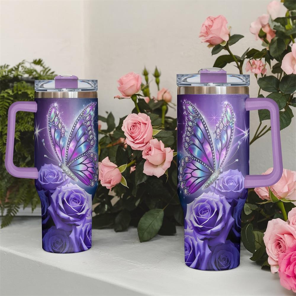 White 40oz Stainless Steel Butterfly & Rose Pattern Tumbler - Vacuum Insulated Drinkware with Lid, Grip Handle, Single Unit Vacuum Flask, Gift for Birthdays or Special Moments for Family, White（With Grip Handle And Lid）