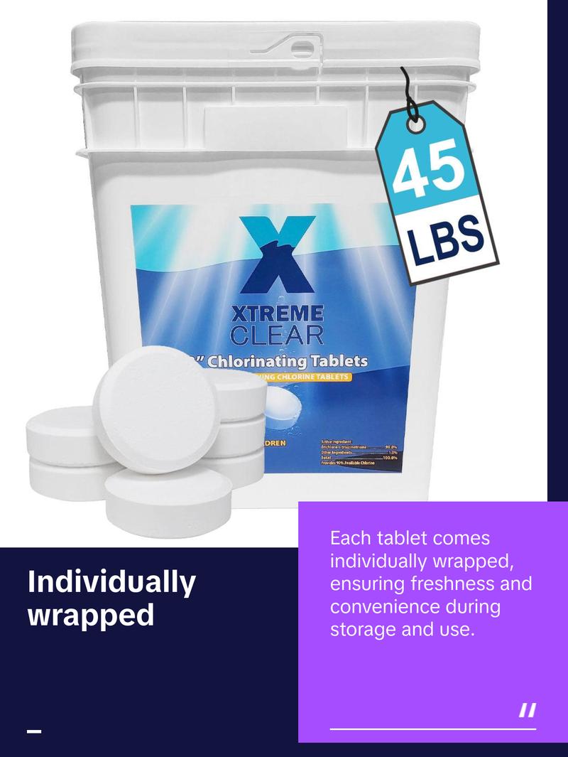 XtremeClear 3" Stabilized Tablets Swimming Pools Individually Wrapped, 45 Pounds pool supply HTH products