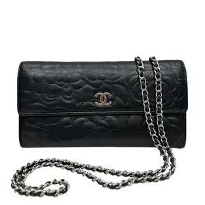 Pre-owned CHANEL Leather Crossbody Bags Black Lambskin SHW Camellia Long Flap Wallet