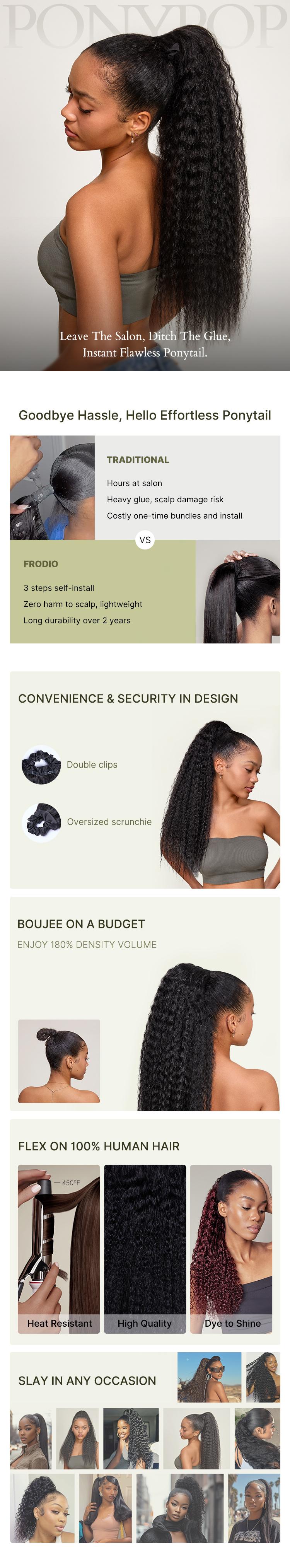 Frodio 100% Human Hair  Natural Black Boho curl Ponytail Hairstyle Extension Ponytail Wig Scrunchie Ponytail