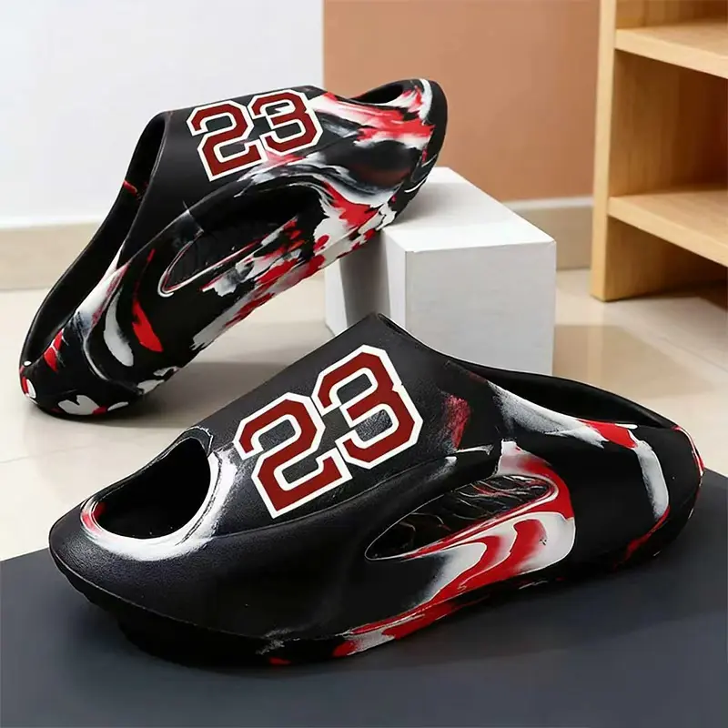 Men's 23 Slides Sandals, Graphic Print Slip On Shoes, Chunky Thick Sole Casual Slippers, Streetwear Summer Footwear for Beach, Pool, Home, Vacation & Daily Wear