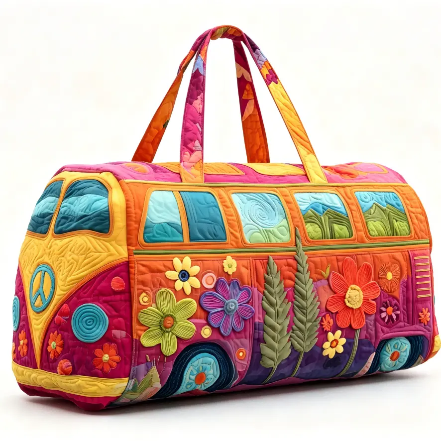 Boho Quilted Weekender Carryall Large Capacity Bag - 18x9x9in Home Organizer Storage Bag with Vintage Volkswagen Bus Floral Appliqué, Rainbow Peace Sign for Vacation, Road Trip, Top Handle