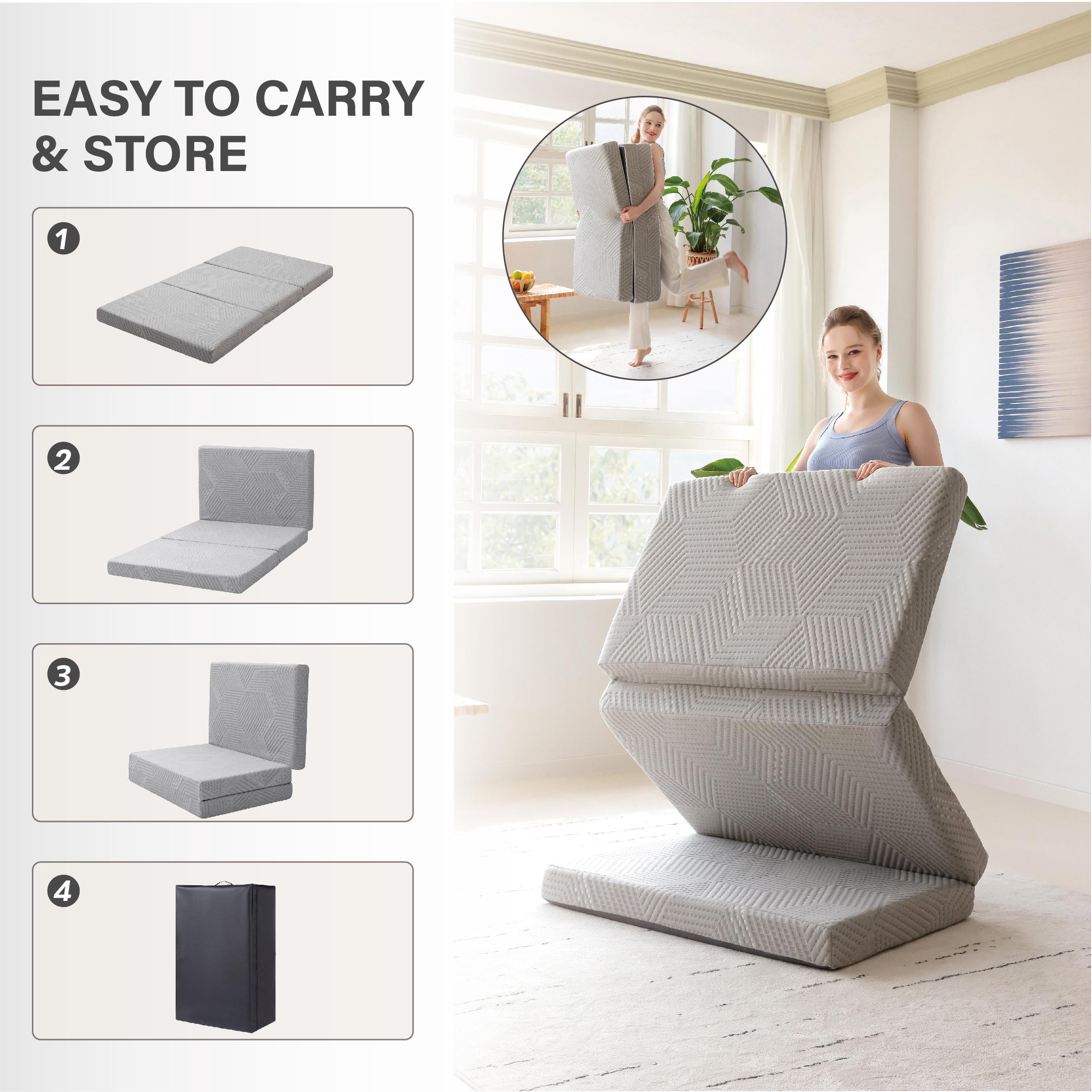 EGO Tri Folding Memory Foam Topper, Travel and Yoga Mats, 4 inch Single topper with Washable Cover, Twin Full Queen King Camping Mattress