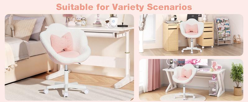 HOFFREE Kids Desk Chair Ergonomic Flower Study Chair Boucle Swivel Kids Computer Chair Adjustable Height Cute Children Desk Chair for Boys Girls in Home Bedroom Study Room Pink and Beige
