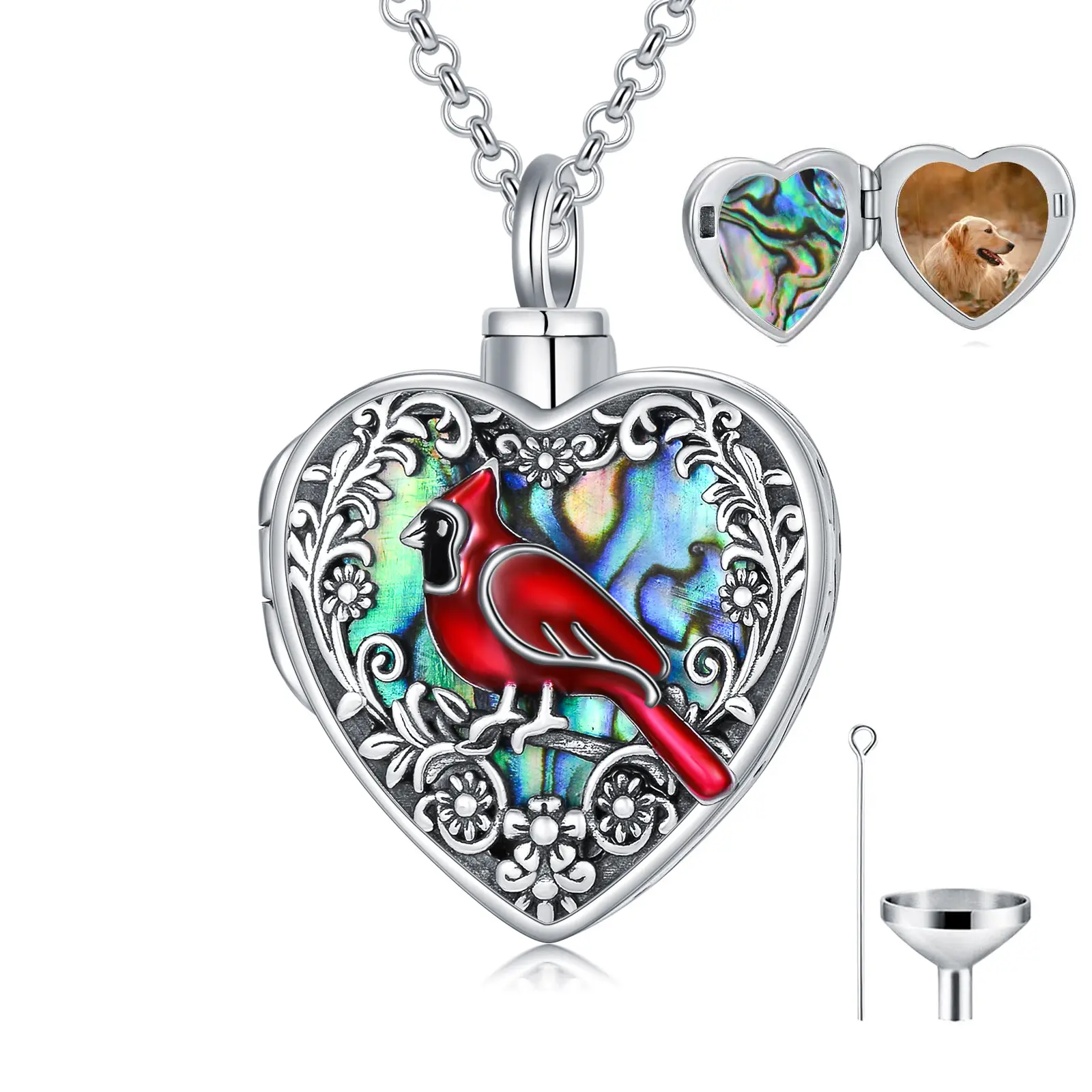 MEIDERBO 925 Sterling Silver Cardinal Memorial Cremation Urn Locket Necklace - Abalone Shell Inlay, Heart Locket, Decorative Engraving, Customized, Commemorative Charm, Artistic Keepsake Jewelry, Heart Locket Necklaces, Decorative Engraving Necklaces
