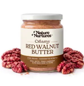 Creamy Red Walnut Butter · 100% Red Walnuts · Single Ingredient · No Fillers · Raw · Stone Ground for 12 Hours · Small Batch · Handcrafted in USA · High Protein · 100% Pure & Natural · No Added Sugar · No Palm Oil · Packed in Glass Jar · 9 oz (255 g)