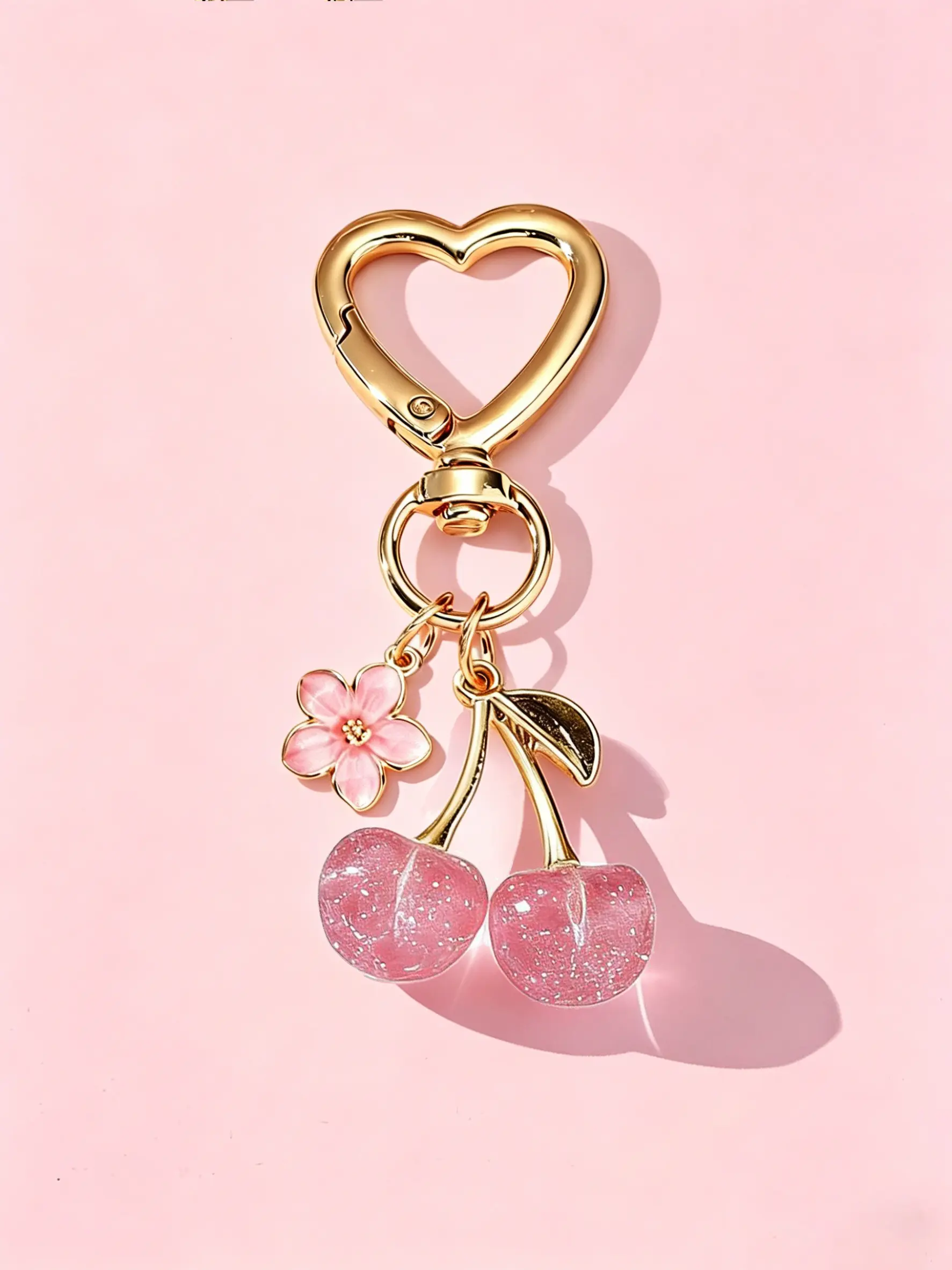 Cherry Flower Keychain for Women, Cute Glitter Cherry Charms, Heart Carabiner Key Ring, Aesthetic Bag Purse Charm, Mother's Day Gift, Best Gift, Keychain for Bags, Bag Key Accessory