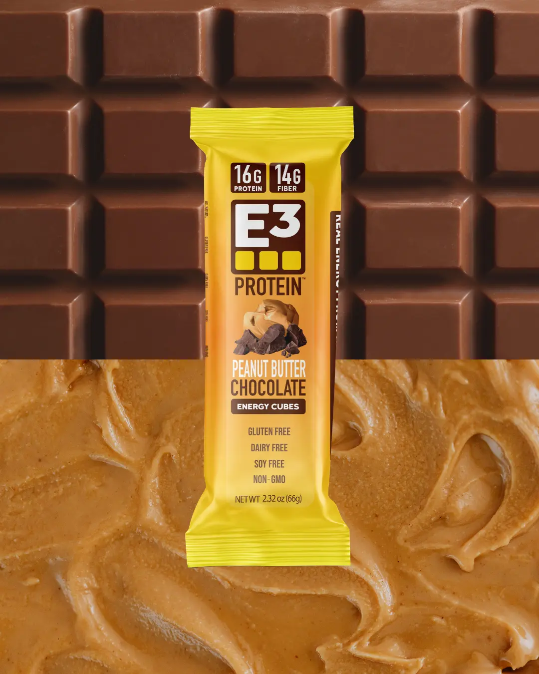 Peanut Butter & Chocolate E3 Energy Cubes | High-Fiber, All-Natural Protein Bars (12 bars)