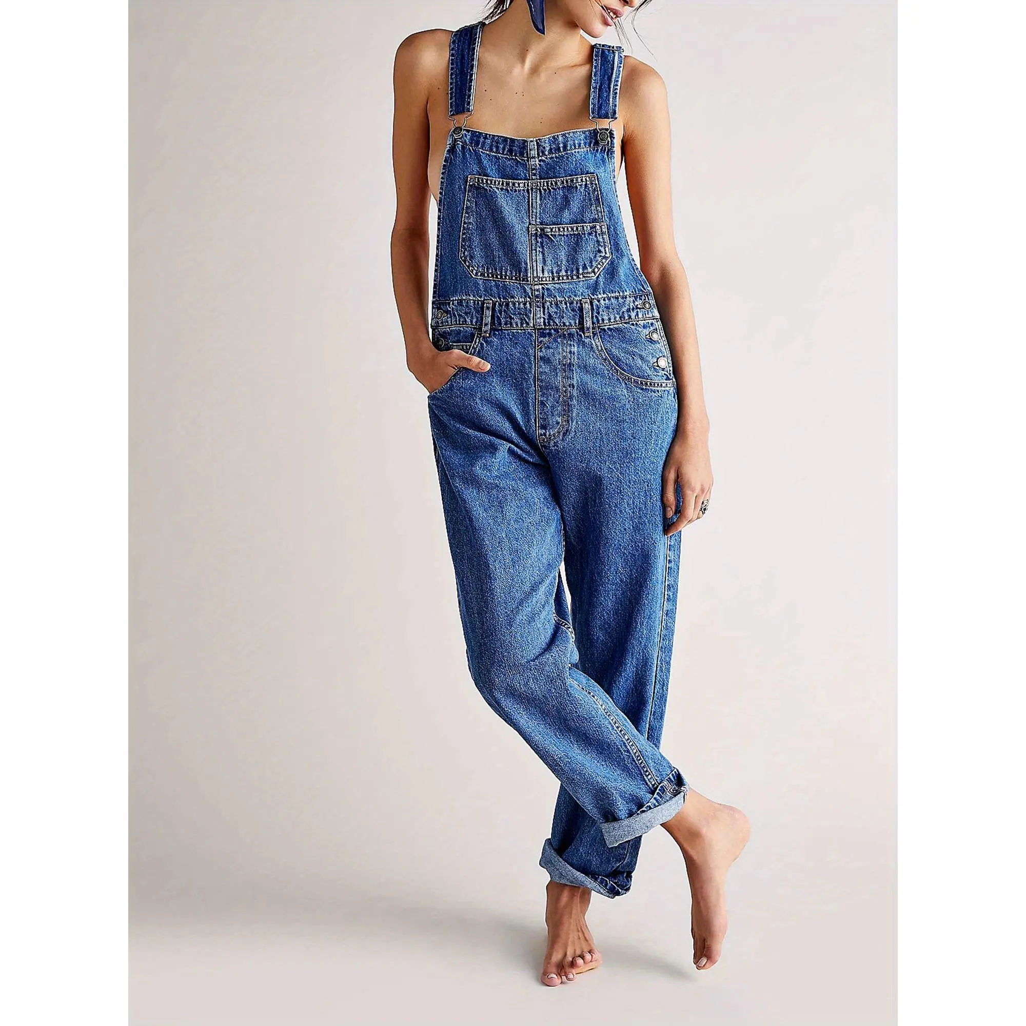 Women's fashionable Y2K casual loose denim overalls, workwear, jumpsuit, suitable for all seasons, 65% cotton
