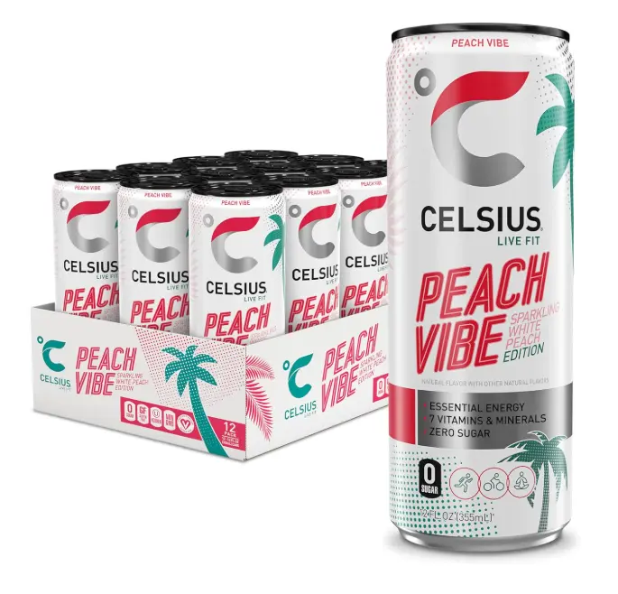 CELSIUS PEACH VIBE Sparkling White Peach, Sugar Free Energy Drink, 12 Fl Oz (Pack of 12)