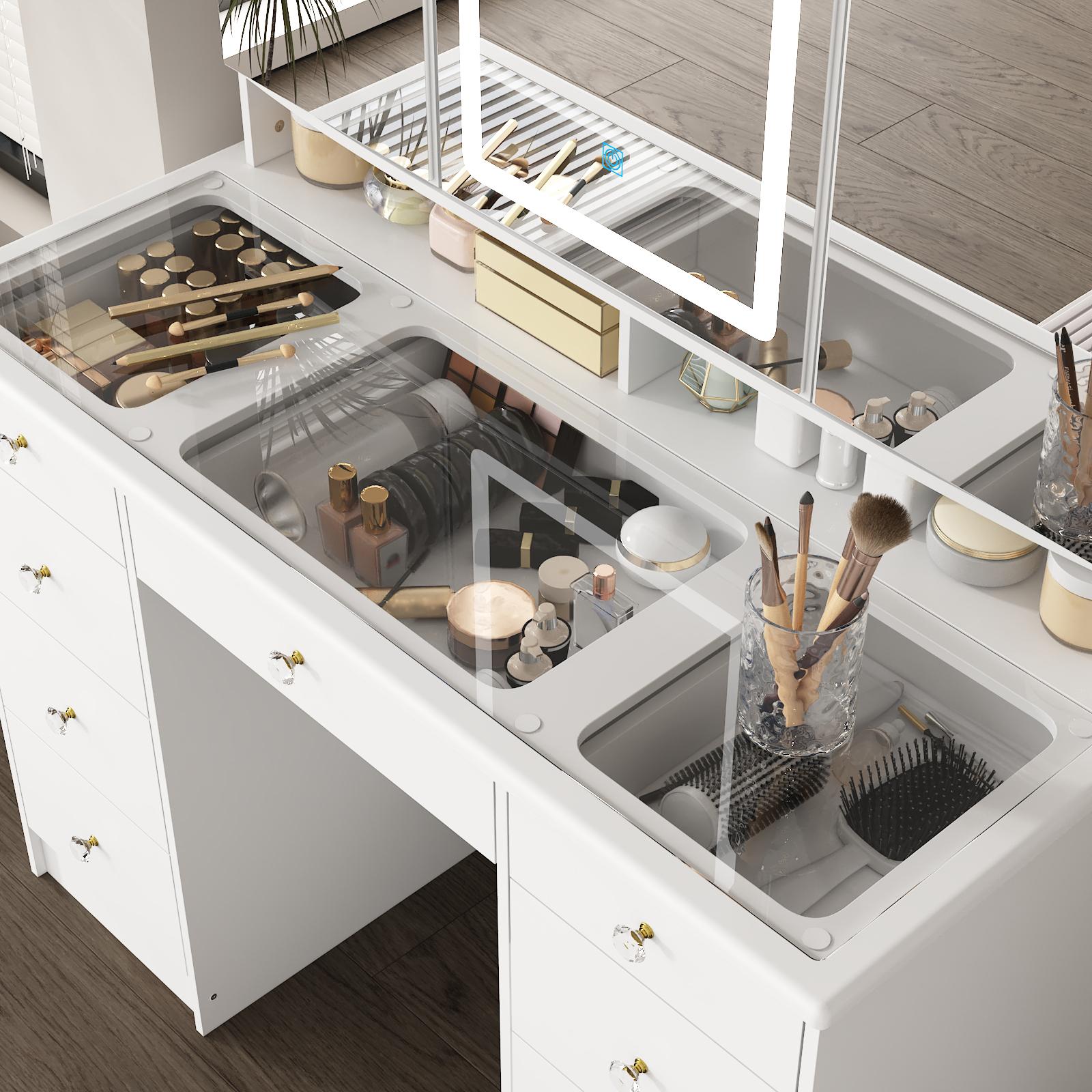 FUFU&GAGA Large Makeup Vanity Desk with Glass Desktop, Large Vanity Desk with Mirror and Lights, Crystal Handles, 43.3” Desktop, Cushion Stool not Included Organizer Storage