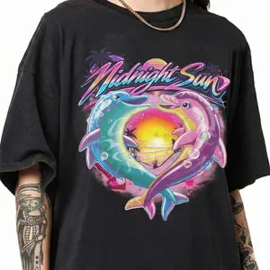 Vintage Midnight Sun Dolphin Graphic T-Shirt, Retro Pop Concert Tee, All Season Shirt