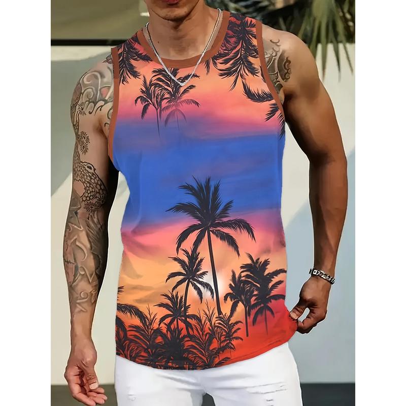 Men's Hawaiian Sunset Palm Tree Print Tank Top - Vibrant Gradient Design, Breathable & Stretchy Polyester Sleeveless Shirt for Outdoor Sports, Fitness, and Casual Summer Wear