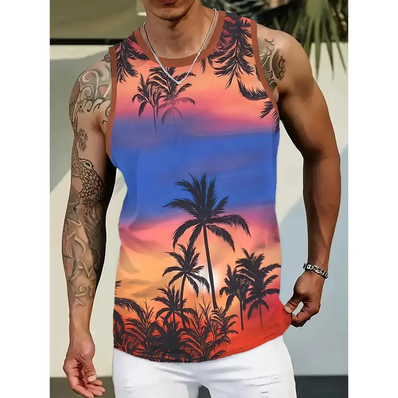 Men's Hawaiian Sunset Palm Tree Print Tank Top - Vibrant Gradient Design, Breathable & Stretchy Polyester Sleeveless Shirt for Outdoor Sports, Fitness, and Casual Summer Wear