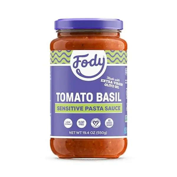 Fody Foods Tomato Basil Pasta Sauce, 19.4 Oz, Garlic and Onion Free, Low FODMAP Certified, Gut & IBS Friendly, Vegan, Non-GMO, Gluten Free, Kosher