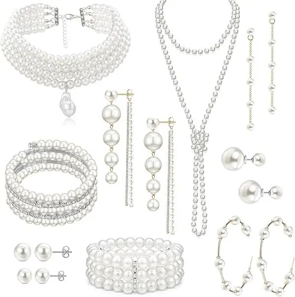 16 Pcs Artificial Pearl Necklace Earrings Set for Women Simulated Pearl Bracelet Choker Faux Pearl Necklace Dangle Earrings Jewelry Set