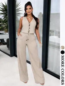 Women's Two Piece Set Available in Black and Apricot - Sleeveless Tie Front Crop Top and Wide Leg Pants with Pockets Spring Summer Casual Outfit for Brunch and Going Out,  Clothes,  Beach Style Womenswear Minimalist Breathable