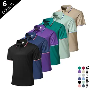 Men’s Short-Sleeve Polo Shirt, Pack of 6 — Business Casual Minimalist Style, Breathable, Skin-Friendly, Quick-Dry, Anti-Wrinkle Design with Contrasting Trim at Collar and Cuffs; Ideal for Office Commutes, Everyday Wear, Street Outfits, Sports, and Fitness