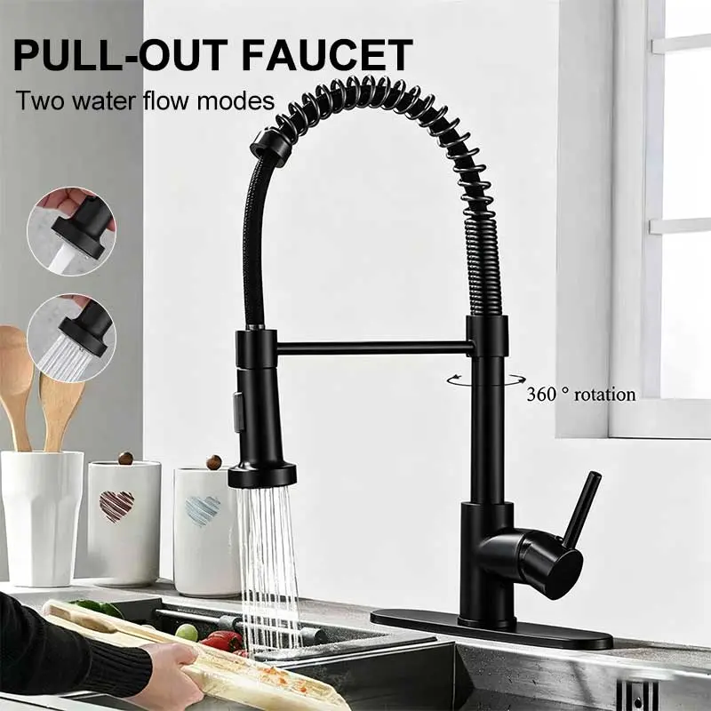 Black Modern High Arc Kitchen Faucet, Commercial Single Handle Classic Spring Pull-Down Sprayer, 1-Hole Dual Function Tap for Farmhouse, Camper Sink Use, High Arc Faucet, Modern Kitchen Faucet