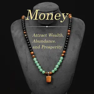 September S Money Attraction Necklace with Green Aventurine & Tiger Eye Pendant, Healing Crystal Stone, Anniversary, Vacation & Theme Party Jewelry, Abundance Crystal Bracelet, Long Chain, Sweater Chain, Ideal Gift Jewelry for Men and Women