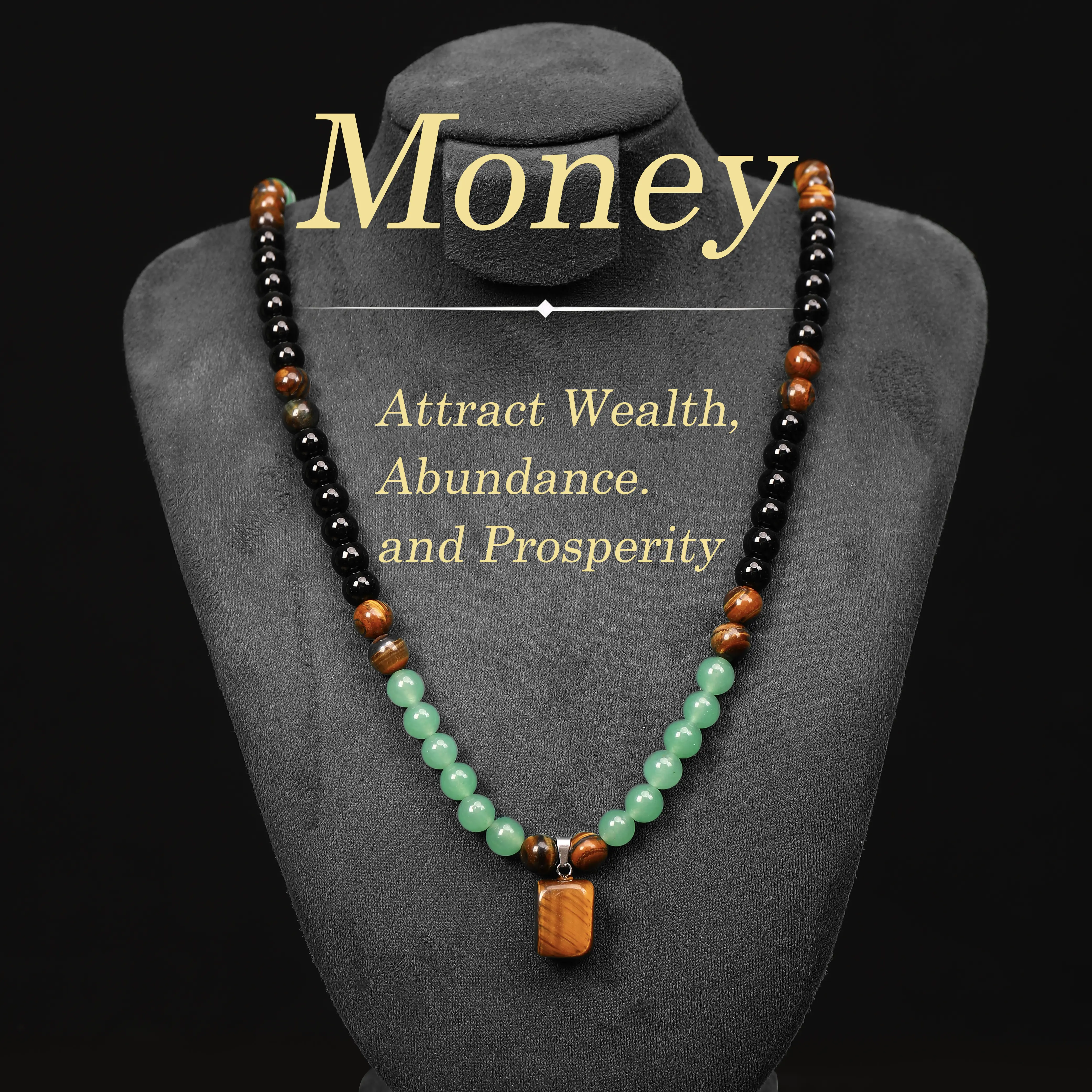 September S Money Attraction Necklace with Green Aventurine & Tiger Eye Pendant, Healing Crystal Stone, Anniversary, Vacation & Theme Party Jewelry, Abundance Crystal Bracelet, Long Chain, Sweater Chain, Ideal Gift Jewelry for Men and Women