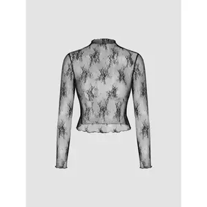 Women's floral lace transparent lettuce border top, elegant long sleeved stand up collar top, suitable for daily wear, all season women's clothing, casual and elegant top