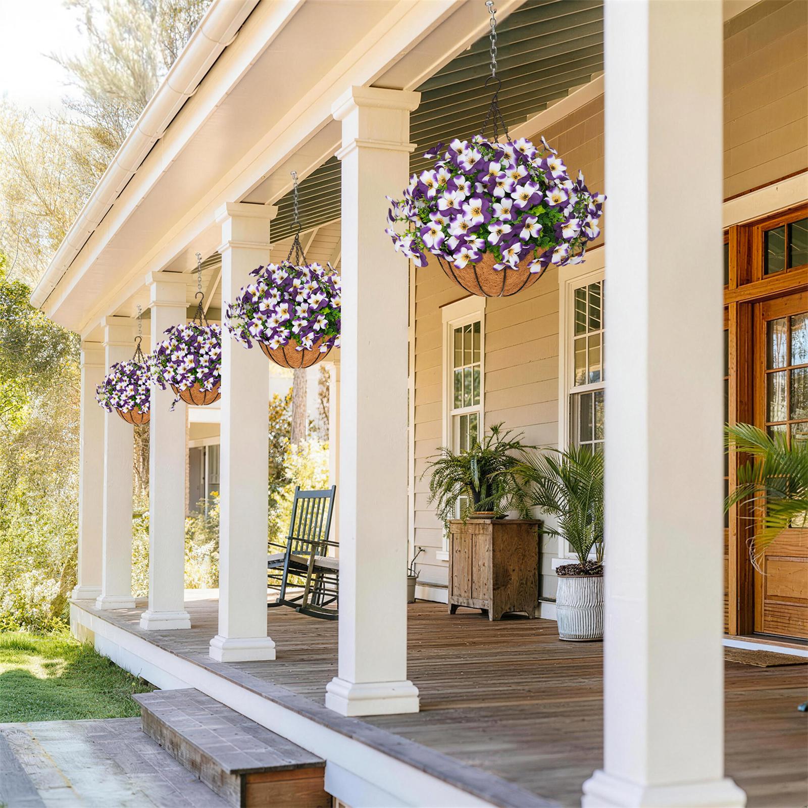 2 Pcs Artificial pansy hanging plant basket, perfect for summer outdoor decoration, made of realistic silk material, UV-resistant, featuring vibrant daisies and eucalyptus leaves, suitable for porches, homes, patios, balconies, and gardens. 2 Pcs Artificial pansy hanging plant basket, perfect for summer outdoor decoration, made of realistic silk material, UV-resistant, featuring vibrant daisies and eucalyptus leaves, suitable for porches, homes, patios, balconies, and gardens.