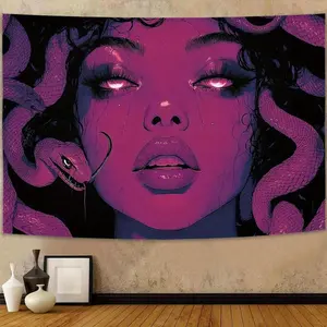 1Pc Cyberpunk Girl With Snake Design Tapestry - Vibrant Purple Wall Hanging, Soft Peach Skin Fabric, Hand-Stitched Edges, Elegant Home Decor For Living Room, Bedroom, Dorm, Or Party Gift