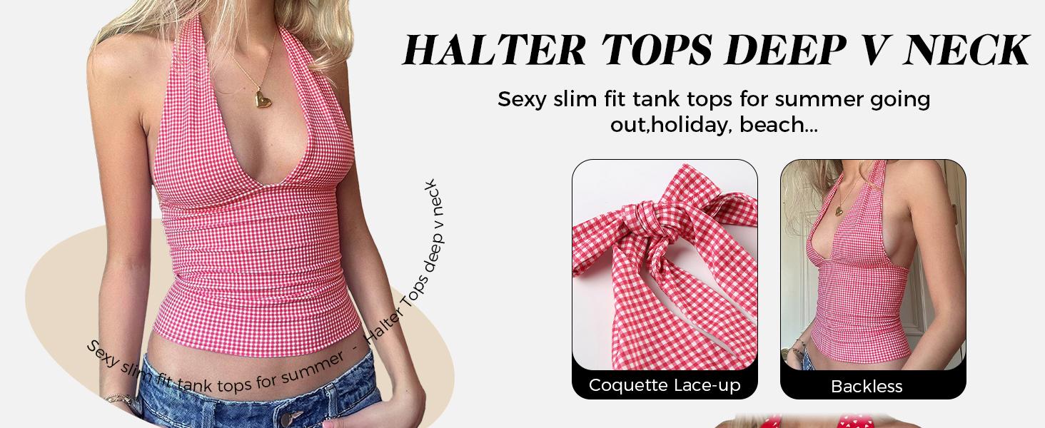 EMMIOL Women's Gingham Halter Top - Deep V Neck Sleeveless Open Back Crop Tank Top for Summer Y2K Coquette Fashion
