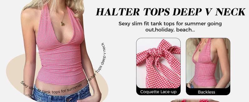 EMMIOL Women's Gingham Halter Top - Deep V Neck Sleeveless Open Back Crop Tank Top for Summer Y2K Coquette Fashion
