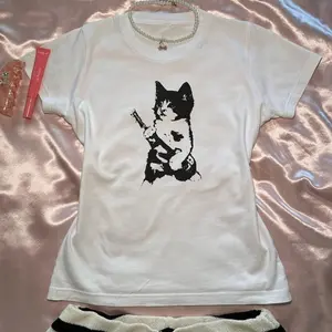 Grunge Coquette Cat Rockstar Baby Tee, Women Y2K Crop Tee, Cat Lover Gift