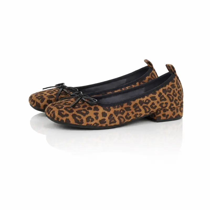 Christine SHEII Women's Soft Ballet Flats - Square Toe, Low Cut, Front Bow Detail, Low Block Heel, Egg-Roll Sole, Leopard Print, Everyday Wear Commuter Curls-Style Shoes