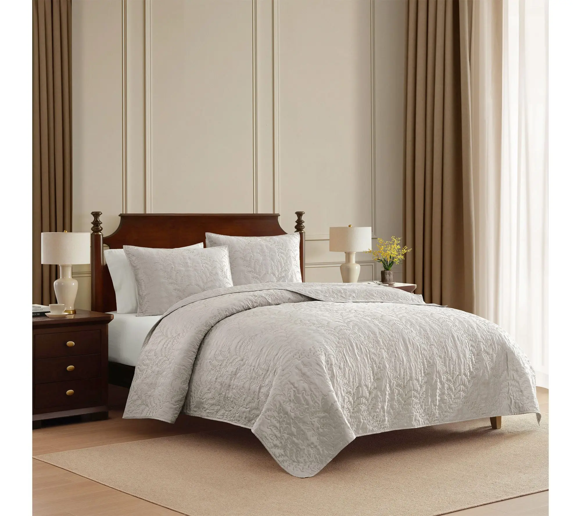 Martha Stewart Fern Embroidery Grey Sateen Queen Quilt Set