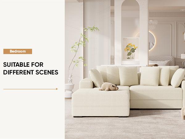 【3 Packages shipping】111‘’ Sectional Cloud Couches with L Shaped Chaise, Extra Large Sleeper Couch Reversible Corduroy with 8pcs Pillows for Living Room, Bedroom-Beige