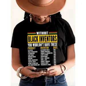 Spring And Summer T-Shirt for Women Featuring a Round Neck, Short Sleeves, And a Print Celebrating Black History Month And Black Inventors.