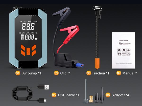 Portable Car Jump Starter with Air Compressor, 4000A 150PSI Battery Jumper Starter (9.0 Gas/8.0L Diesel), 12V Jump Box with Smart Jumper Cables, Tire Pressure Display, LED Flashlight and LCD Display