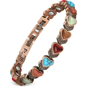 Nandudu Copper Bracelet for Women Heart-Shaped Natural Gemstone Magnetic Therapy Pain Relief Adjustable Fit 22cm Handcrafted Jewelry